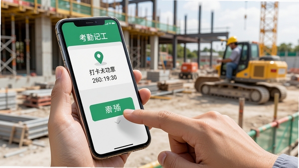 工地考勤记工手机操作实拍图,用户手指点击屏幕上的考勤按钮,界面显示定位成功与打卡时间,背景为建筑工地,画面清晰,突出操作流畅。