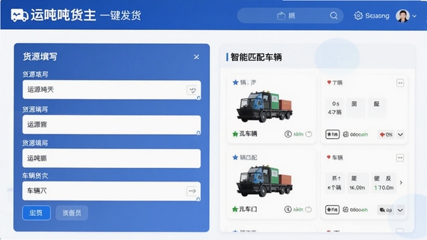 运吨吨货主一键发货界面,展示货源填写表单和智能匹配的车辆列表