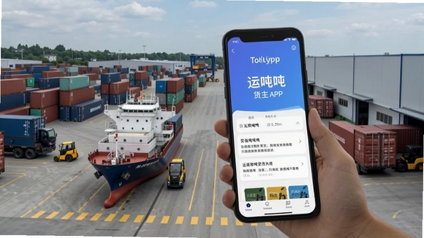 运吨吨货主APP在手机上使用的场景图,背景为物流园区