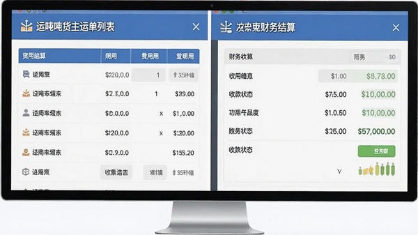 运吨吨货主运单列表和财务结算页面,展示清晰的费用明细和收款状态