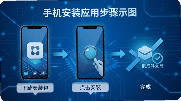 手机安装应用步骤示意图,下载安装包、点击安装、完成,背景为蓝色科技感,配有文字提示