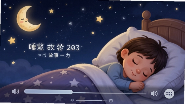 睡前儿童故事集播放页面,显示故事正在播放,背景为梦幻星空,有月亮和星星,音量条逐渐降低,孩子已安然入睡,画面静谧美好