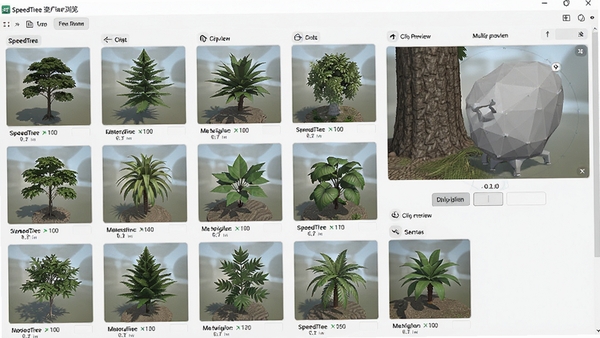 SpeedTree�ʲ���������棬����ͼ����չʾ������ľ��ֲ����Ԥ���ɲ鿴����ϸ�����������������������������