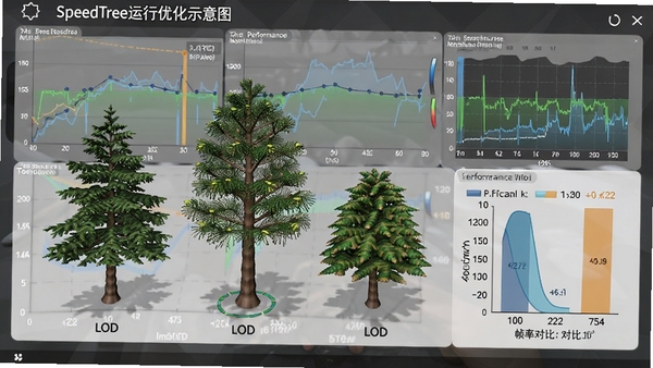 SpeedTree�����Ż�ʾ��ͼ��չʾ��ͬLOD�����µ���ľģ�͸��Ӷȣ��Լ�֡�ʶԱ����ݣ�����Ϊ���ܼ��ͼ���������רҵ