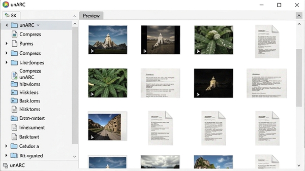 unARC�ļ�Ԥ�����ܽ�ͼ��չʾѹ������ͼƬ���ĵ�������ͼԤ�������������ʾ�����Ϊ�ļ��б����Ҳ�ΪԤ����������չʾ�ļ����ݣ�����Ϊǳ��ɫ������ɾ����������ơ�unARC���ڴ��ڱ�������8K����Ʒ��ͼ���
