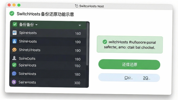 SwitchHosts���ݻ�ԭ����ʾ�⣬չʾ�����б��ͻ�ԭ��ť����������ɫ��ȫ��ʾ�������������Ѻ�