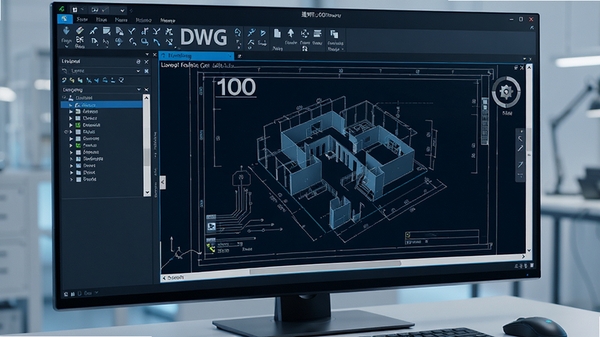 建筑100软件打开大型DWG图纸的流畅操作界面,显示图层管理面板和缩放工具,科技感UI设计