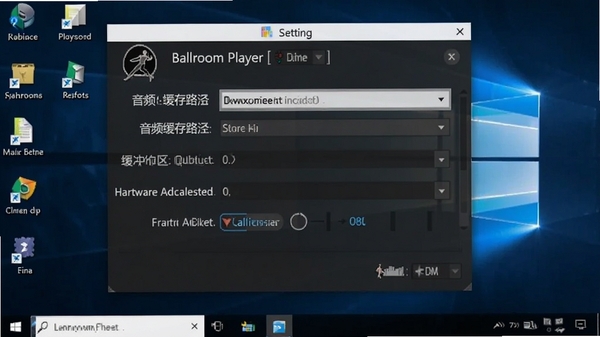 Ballroom Player的使用设置界面截图,展示音频缓存路径、缓冲区和硬件加速选项,背景为电脑桌面