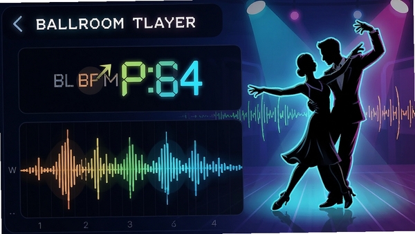 Ballroom Player的智能节拍追踪功能界面,显示BPM数值与节拍波形,旁边有舞者剪影,色彩明快,突出节奏感