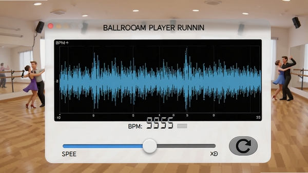 一张展示Ballroom Player运行界面的截图,界面包含波形图、BPM显示、速度滑杆、循环按钮,背景是舞蹈教室,整体风格专业简洁
