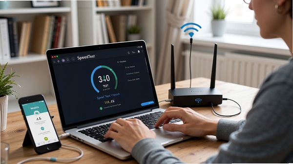 A person using SpeedTest on a laptop in a home office, with the laptop screen showing the speed test result, and a smartphone beside it running the mobile app, both connected to a Wi-Fi router.