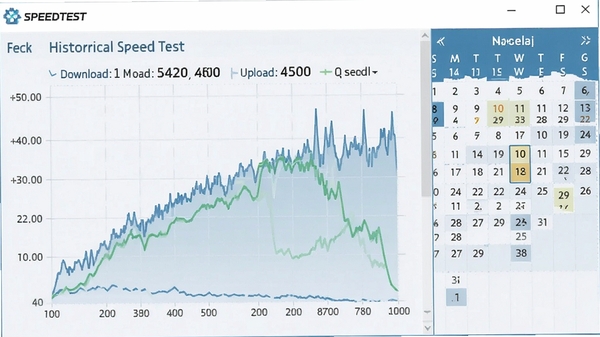 SpeedTest software displaying a line chart of historical speed test results over a week, with clear labels for download and upload speeds, and a calendar view on the side.