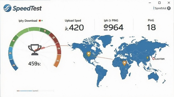 Screenshot of SpeedTest showing a completed speed test result with download speed, upload speed, and ping displayed in large numbers, with a map showing the selected server location.