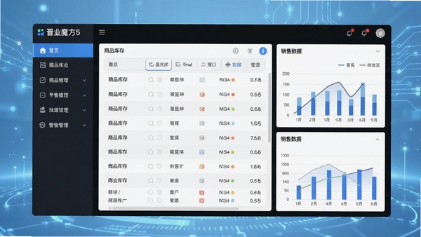 晋业魔方5软件界面展示图,现代简约风格,左侧功能导航栏清晰,中间显示商品库存列表和销售数据图表,背景为淡蓝色科技感氛围
