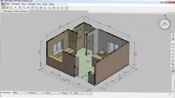 Ashampoo 3D CAD Architecture�л��ƻ���ǽ��Ĳ������棬��ʾ�ߴ��ע�Ͳ�׽�㣬������������