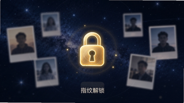 耀民拾光软件私密空间界面,背景为深蓝色星空,中央是一个发光的金色锁形图标,周围环绕着几个模糊的照片轮廓,象征加密保护,界面下方有“指纹解锁”的提示字样,整体风格神秘且具有安全感。
