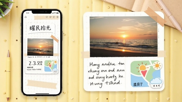 耀民拾光软件功能展示图,左侧是手机屏幕,右侧是放大的多维记录卡片,卡片上包含一张夕阳下的海边照片、一段手写的文字感悟、一个地图坐标和一个小太阳的天气图标,所有元素以手账拼贴风格排列,色彩温暖和谐,背景为淡黄色的桌面。