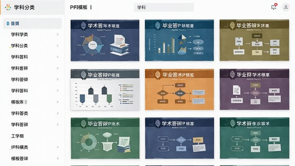 ��ҵ���PPTģ���ģ���ҳ�棬���Ϊѧ�Ʒ����б����Ҳ�չʾ���ײ�ͬ��ɫ��ѧ��ģ����棬����ͼ��������ͼ��Ԫ�أ�ɫ�ʴ����г������ֱ������