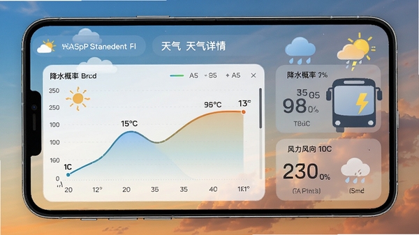 天气公交应用内天气详情页展示,包含温度曲线图、降水概率、风力风向等数据可视化图表,背景根据天气状况动态变化,画面精美直观