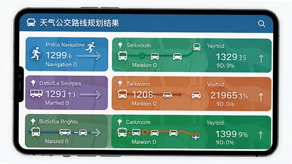 天气公交路线规划结果页面,展示多条备选方案,包含步行导航指引、公交线路组合及预计耗时,界面设计简洁易读,颜色区分明显
