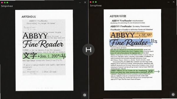 ABBYY FineReader����ʶ��Ա�Ч��ͼ�����Ϊԭʼɨ������Ҳ�Ϊʶ���Ŀɱ༭�ı���������ʾʶ��׼ȷ�ʣ�����Ϊ�Աȷ�������