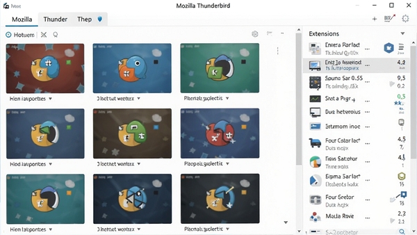 һ��չʾMozilla Thunderbird����Ƥ������չ��������Ľ�ͼ�������ж�����������ͼ���У���չ�б�չʾ��ͬ���ܲ��������ɫ�ʷḻ�����ָ��Ի�����������