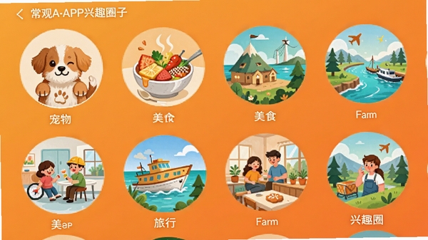 ����APP��ȤȦ��ҳ�棬չʾ���Բ��ͼ����࣬������ʳ�����У�ÿ��ͼ�����Ծ����廭������Ϊ��ů��ɫ���䣬Ӫ����ܰ������Χ��