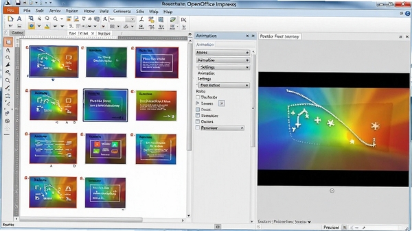 OpenOffice Impress��ʾ�ĸ�༭���棬չʾ�õ�Ƭ����ͼ��������������Ԥ��Ч����ɫ��Ѥ��