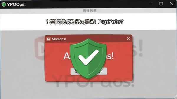 YPOPs!软件正在拦截一个广告弹窗的动画效果图,绿色盾牌图标挡住红色弹窗,背景有拦截成功提示。
