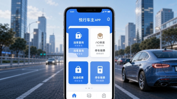 ���г���APP����չʾͼ��չʾ��ҳΥ�²�ѯ�������Żݡ�ͣ���ɷѵȺ��Ĺ���ģ�飬�ִ���Լ�����ɫ��ɫ�����ֻ���Ļ���У�����Ϊ���е�·������������������UI��ƾ��£���������������
