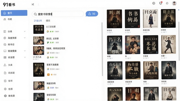 91看书软件界面截图风格,展示搜索框输入书名后出现大量书籍列表结果,左侧是分类导航栏,右侧是书籍封面墙,整体UI设计现代简洁,突出“海量资源”和“精准搜索”的功能特点