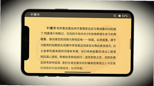 91看书软件夜间模式下的阅读界面,暖黄色背景配深灰色文字,页面干净无广告,屏幕边缘有柔和的暗角效果,展示舒适的沉浸式阅读场景