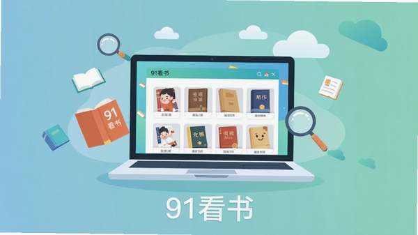 高清扁平化插画风格,一台打开的笔记本电脑屏幕中显示着91看书软件的书籍书架界面,界面整洁,周围漂浮着书本、放大镜、云朵等元素,背景为柔和的蓝绿色渐变,营造出宁静专注的阅读氛围,画面中下方有“91看书”字样