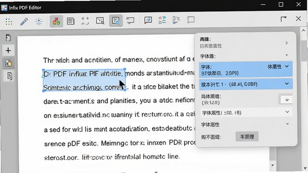 Infix PDF Editor���ڱ༭PDF�ı������ѡ��һ�����֣�������������������������Ϊǳ��ɫ�����ָ�����ɫ��������ʾ������ͼ�ꡣ
