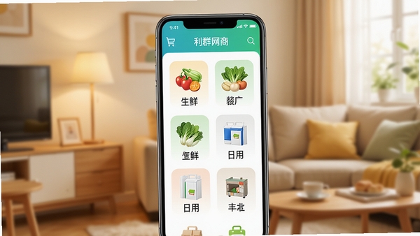 һ��չʾ��Ⱥ����APP��������ֻ�����ͼ������Ϊ��ܰ�ľӼһ�������Ļ��չʾ�����߹������ðٻ�����Ʒ����ͼ�꣬����ɫ������������ͻ�������ϳ��С��ı����ḻ�С�