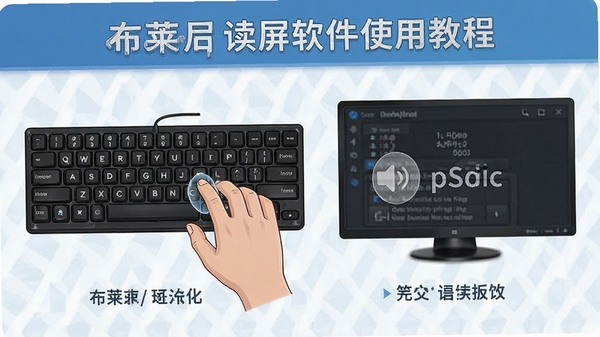 布莱叶读屏软件使用教程示意图,展示键盘操作和语音反馈,画面清晰,步骤明确