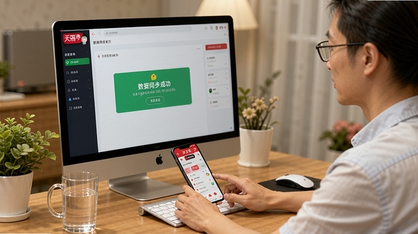 һλ�곤���ڵ���ǰ��ͬʱ�����ֻ��ϵ���è�����̼�APP�͵����ϵĺ�̨ҳ�棬��Ļ����ʾ����ͬ���ɹ���ʾ���칫���ϰڷ���ˮ������ֲ��������ܰдʵ�����ֶ��Эͬ�칫����