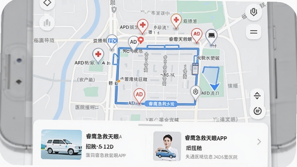 �ӥ��������APP��ҽԺ�������棬��ͼ�ϱ�ע���ҽԺ��AED�豸λ�ã�·�߹滮�������ײ���ʾҽԺ��ϸ��Ϣ��Ƭ�����廭����ʵ�á�