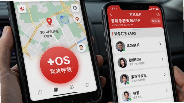 �ӥ��������APP��SOS�������Ƚ��棬��ɫ��ť��Ŀ����Ļ����ʾ��λ��ͼ�ͽ�����ϵ���б���ģ���������ʱ�ļ�ʱ�������棬���дʵ��ɫ��������
