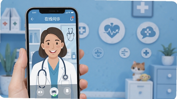 ��ůҽ��APP����չʾ��ҽ���������ﳡ�����ֻ���Ļ��ʾ��Ƶ���ﻭ�棬����Ϊ��ܰ����ɫ����ҽ��ͼ��Ԫ�أ��ִ���ƽ����Ʒ�񣬸�����Ⱦ