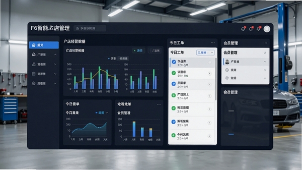 一张展示F6智慧门店管理后台界面的高清截图,包含门店经营数据看板、今日工单列表、会员管理模块,界面风格现代、数据清晰直观,背景为汽车维修车间场景,营造专业、高效的门店管理氛围。