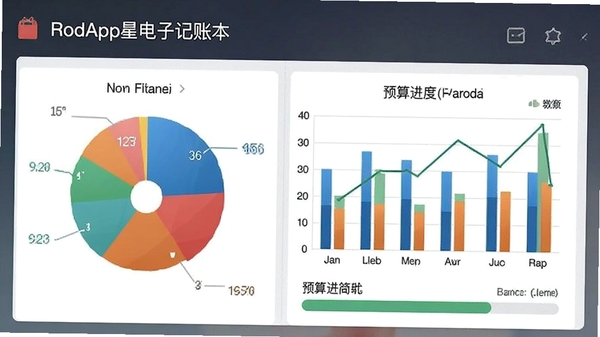 红苹果电子记账本统计报表界面,展示彩色饼图和柱状图,并标注预算进度条