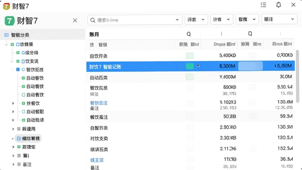 财智7软件智能记账界面,左侧分类树,右侧账目明细表格,顶部有搜索和筛选工具栏,模拟用户快速录入一笔餐饮支出,界面高亮显示自动匹配的分类和备注