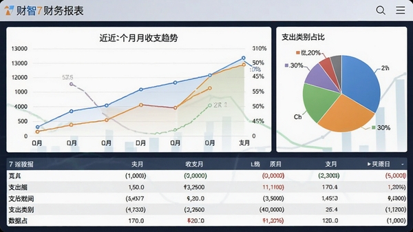 财智7财务报表界面,折线图展示近六个月收支趋势,饼图展示支出类别占比,下方为数据表格,整体配色专业商务,强调数据可视化效果