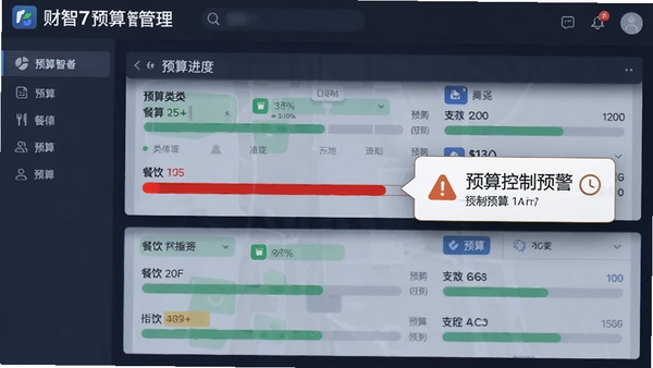 财智7预算管理界面,显示多个类目的预算进度条,其中“餐饮”类目进度条已变红,旁边有预警提示气泡,整体风格清晰直观,突出预算控制功能
