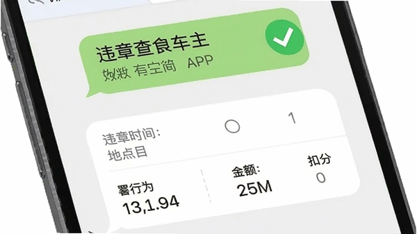 好安好车主APP的违章查询结果页面,清晰展示违章时间、地点、行为、罚款金额与扣分,页面背景为手机短信通知样式,配有绿色对勾的安全提示图标,风格扁平化设计,色彩明快。