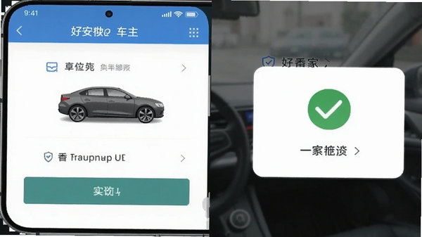 一张智能手机横屏使用截图,左侧显示好安好车主APP的车辆绑定界面,右侧展示一个绿色对勾的完成提示浮窗,背景虚化,突出操作成功后的喜悦感,画面简洁干净。