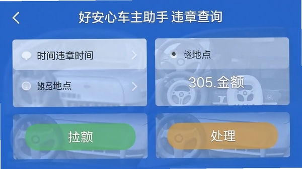 �ð��ĳ�������Υ�²�ѯ���ܽ��棬��ʾΥ��ʱ�䡢�ص㡢�������Լ�������ť�Ľ�ͼ