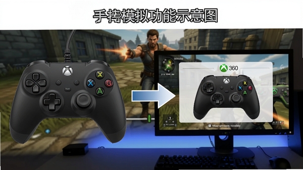 �����ֱ�ģ�⹦��ʾ��ͼ�����Ϊ��ͨ�ֱ�ʵ��ͼ���Ҳ�Ϊ������Ļ��Xbox 360�ֱ�ģ��ɹ���ʾ����ͷ���ӱ�ʾת�����̣�����Ϊ��Ϸ����