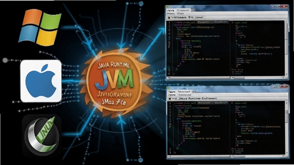 Java Runtime Environment��ƽ̨ʾ��ͼ�����ΪWindows��Mac��Linuxͼ�꣬�Ҳ�ΪͬһJava�������д��ڣ��м���JVM�����ӣ���ɫ�Ƽ���